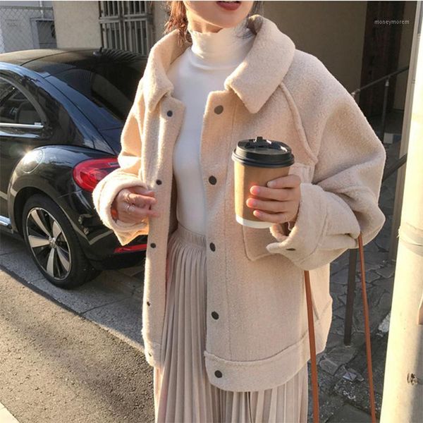 

women's fur & faux winter coat women warm lambswool plush coats korea fahion female outerwear clothing ladies long sleeve oversized jac, Black