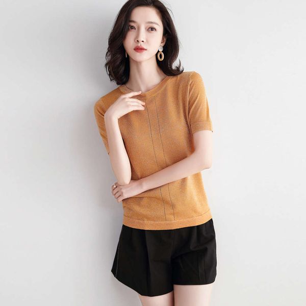 

2020 summer new flash women's thin bottomed shirt bright silk knitwear tencel short sleeve t-shirt, White;black