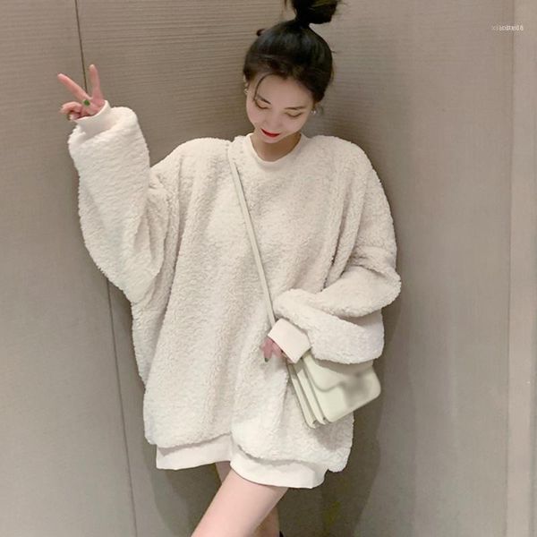 

lady's hong kong style imitation lamb wool hoodie lady loose and thickened with cashmere autumn/winter coat11, Black