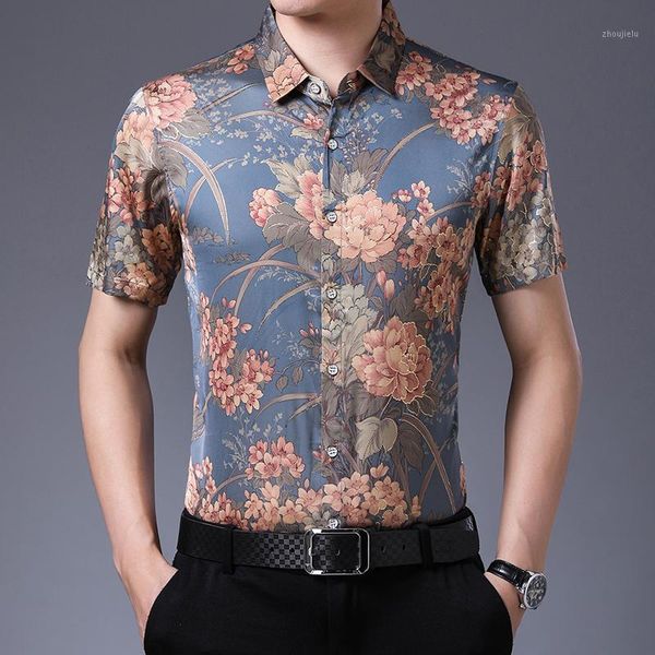 

2020 styles summer shirt men casual short sleeve men's floral shirts hawaii casual male flower print beach silk shirt1, White;black