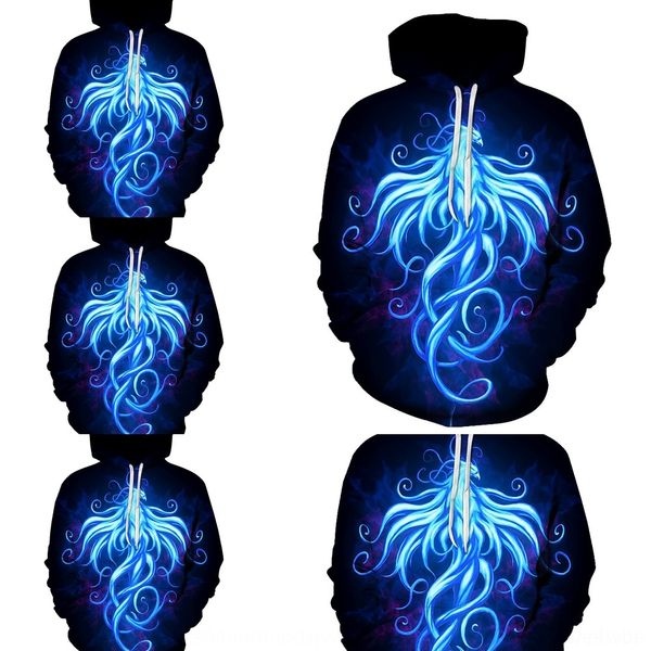 

ocywd blue digital printing 3d fashion phoenix hooded casual 3d round neck blue sweater digital phoenix loose fashion printing hooded casual, Black