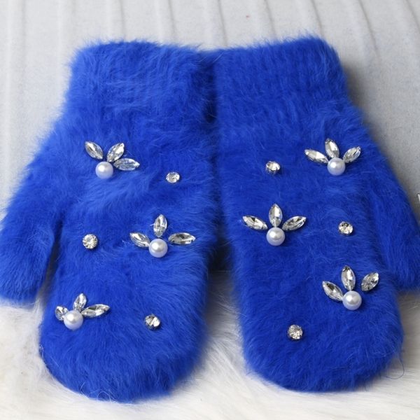 

winter rhinestone with pearl rabbit for woman double warm outdoor fur gloves female mittens, Blue;gray
