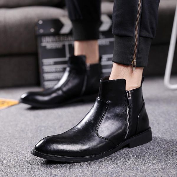 

new arrival mens leisure genuine leather boots party nightclub wear pointed toe cowboy tooling shoes youth ankle boot zapatos, Black