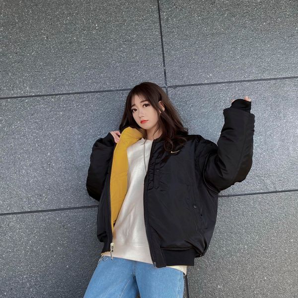 

designer women reversible jacket coat black yellow side with front back embroidered sign men women autumn winter warm coat size m  xl, Black;brown
