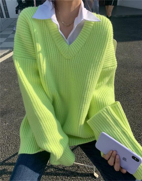 

women's sweaters v-neck sweater fashion loose solid color long sleeve thickened knit pullover winter clothes women, White;black