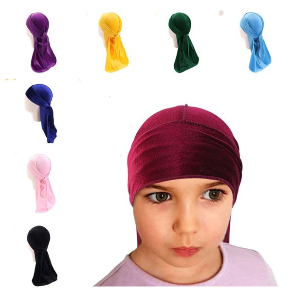 

boys girl velvet durag long tail head wraps child dorag durags turban wigs pirate caps headscarf hip hop hats hair cover accessories g12209, Yellow