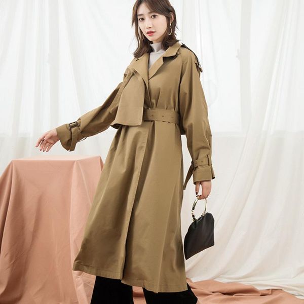

2020 lace up medium length windbreaker women's khaki over the knee loose overcoat coat british style medium length1, Tan;black