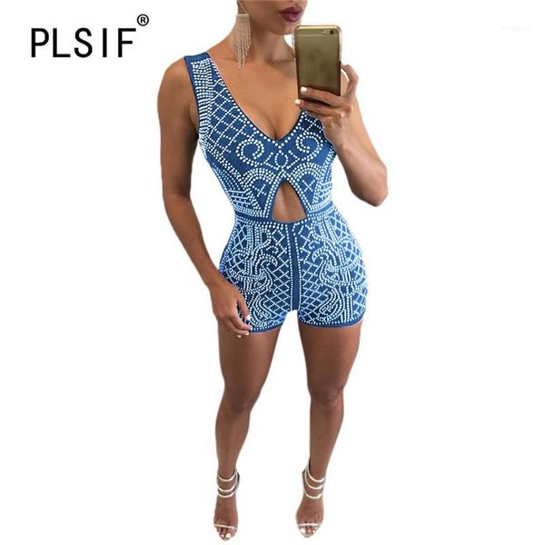 

european style fashion print lady playsuits deep v-neck hollow out catsuits high street summer shorts playsuits1, Black;white