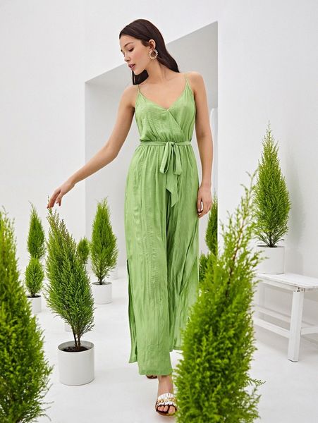 

slit hem belted cami jumpsuit p2yh#, White