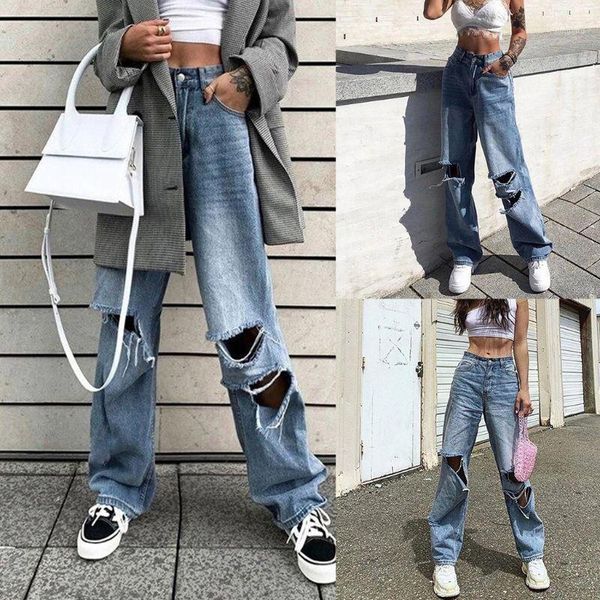 

women high waist destroyed flare jeans ripped hole wide leg denim long pants xxfd1, Blue