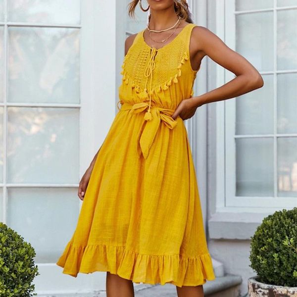 

summer dress women hollow out sleeveless sashes tassel line casual beach midi sundress white pink yellow vestidos, Black;gray