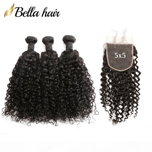 

peruvian hair bundles with 5*5 closure curly wave natural black virgin hair weaves wih lace closure 4 pcs lot bella hair