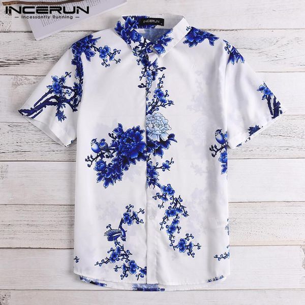 

incerun floral printed men shirt lapel neck vintage short sleeve chemise 2020 chinese style casual brand mens shirts s-5xl1, White;black