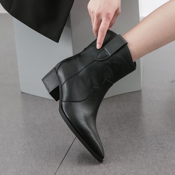 

boots 2021 winter pointed toe square root ankle without lace ladies shoes, Black
