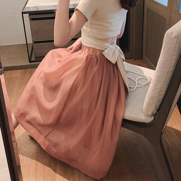 

women summer fashion simple solid color high waist chiffon skirt soft and comfortable street clothes, Black