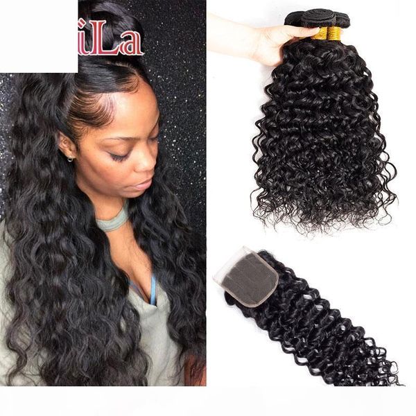 

mongolian 4x4 lace closure with 3 bundles water wave human hair extenisons 95-100g piece water wave hair wefts with closure baby hair, Black;brown