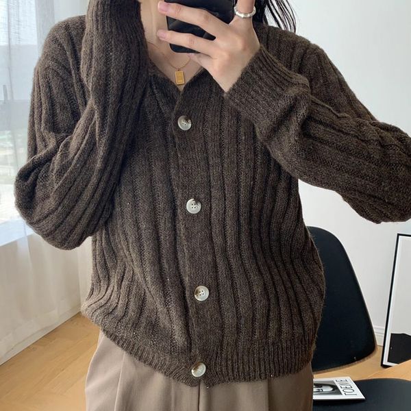 

2021 new mohair cardigan women's nightgown new style thin stripe around neck vintage sweater, White;black