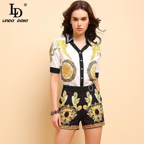 

ld linda della summer fashion suits women's short sleeve v-neck beading shirt and vintage printed shorts two pieces set1, White