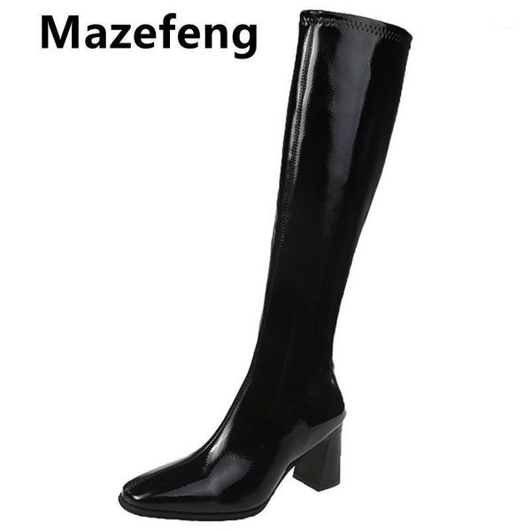 

mazefeng women's over knee boots patent leatherette pointed toe thick high heels female fur autumn winter boots plus size 35-401, Black