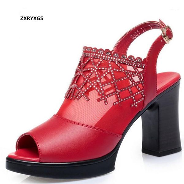 

sandals promotional 2021 fish mouth cowhide mesh rhinestones shoes women leather fashion summer high heel1, Black