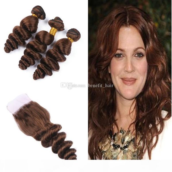 

chocolate brown loose wave hair weaves with lace closure #4 medium brown color loose curly hair extension with closure 4x4, Black
