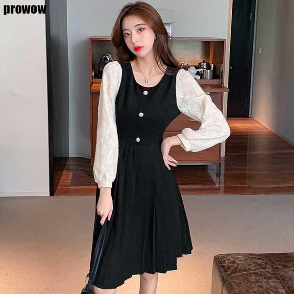 

korean dresses ladies elegant splicing fake two dress one-piece woman pleated dresses 2021 spring autumn fashion ladies dress, Black;gray