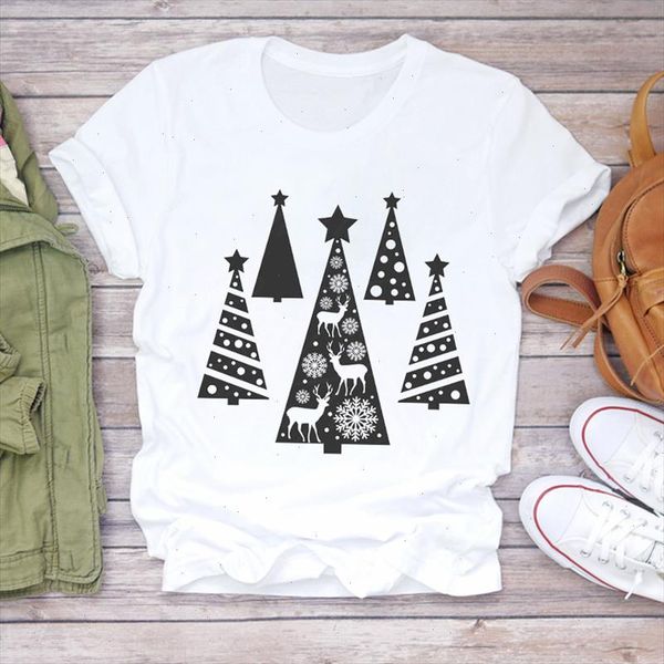 

women christmas clothing geometric deer tree cartoon new year print lady t shirts tshirt ladies graphic female tee t shirt, White