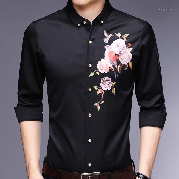 

2018 fashions casual slim fit long sleeve brand men shirt social streetwear clothes flower shirts mens dress 60981, White;black