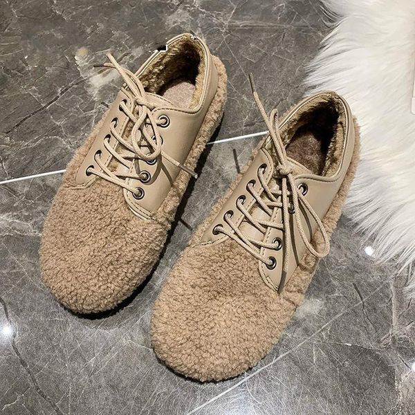 

2021 new shoes woman winter women cross-tied shoes with fur round toe ballet flats black khaki soft roll size 36-40
