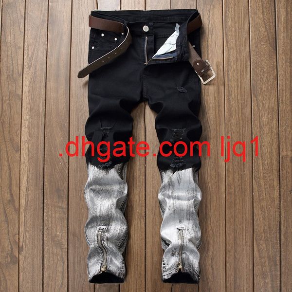 

new men's holed jeans with zipper coating on men's holed leg, Blue