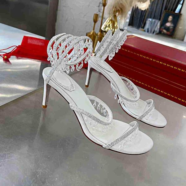 

rene caovilla women high heeled sandals designer crystal diamond luxury brand metal letter buckle womens slip pointed toe sandal 7. yer, Black