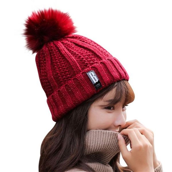 

beanie/skull caps viianles knitted beanies winter female skullies pom poms ball cap girl hat knit thick red, Blue;gray