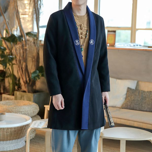 

autumn and winter new chinese style embroidery casual woolen large size no button windbreaker men's coat, Tan;black