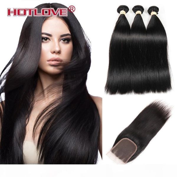 

ove hair peruvian straight human hair bundles with lace closure middle three part natural black 3 bundles hair & closure sale, Black;brown
