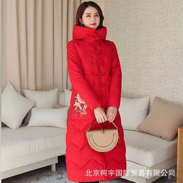 

women's middle long chinese ethnic style down padded jacket large size loose comfortable thick winter cotton, Black
