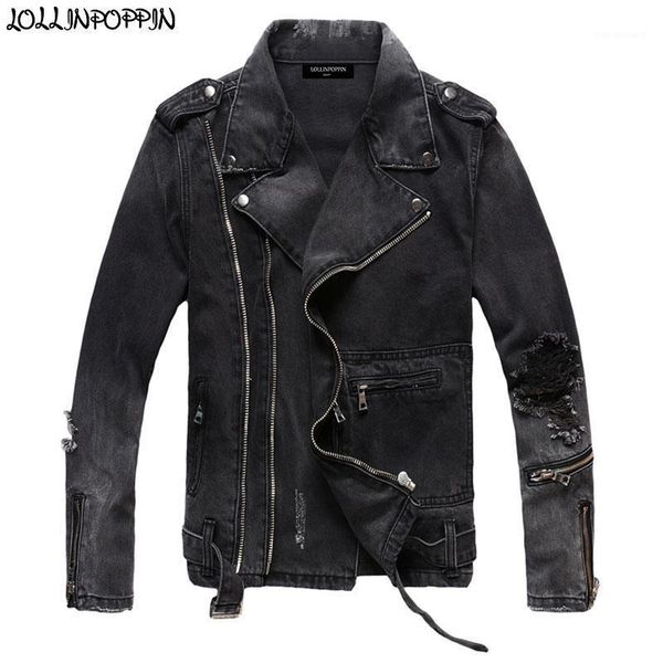 

men biker jean jacket with epaulets retro mens ripped holes denim jackets notched lapel zippered cuffs male punk denim coat1, Black;brown