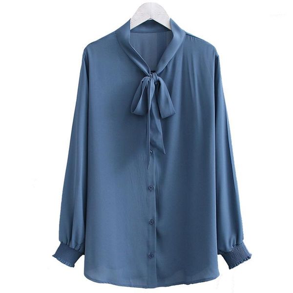 

2019 spring new large size 2xl -5xl women's blue casual chiffon bow blouses summer white loose long sleeve shirts women1