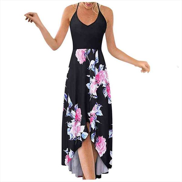 

women dress plus size 5xl elegant flower print halter backless sleeveless sling dress boho v-neck loose long summer, Black;gray