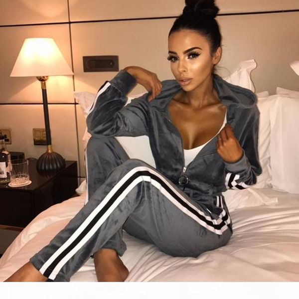 

2020 autumn winter clothes women set 2 piece patchwork casual velour jacket coat+full length velvet pant set new tracksuits, Gray