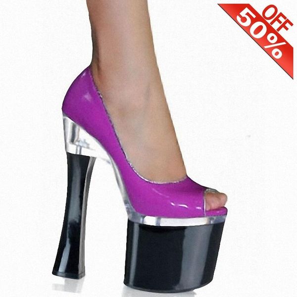 

dress shoes concise elegant peep toe shallow patent leather pumps 18cm high heeled 7 inches classics mature female office lady work, Black