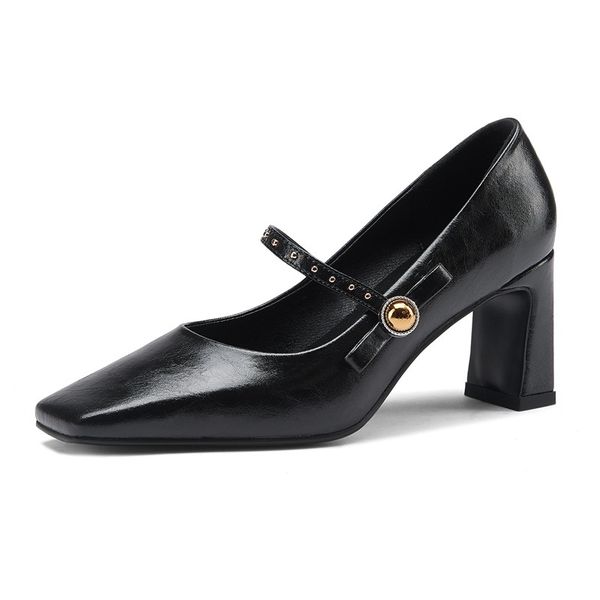 

2021 new spring leather genuine high heels female black mary janes party shoes a1pp
