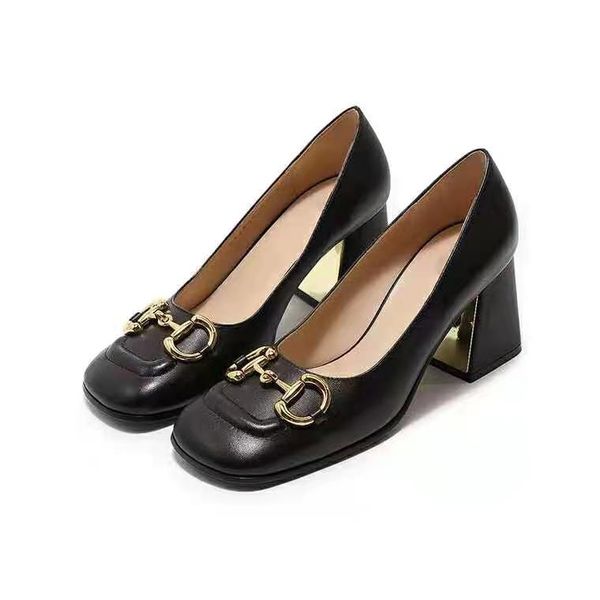

2021euro new style women's shoes fashion metal buckle ladies shoes leather mules princetown high heel trample lazy large dress shoes, Black