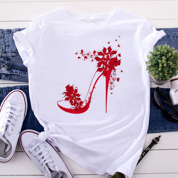 

summer women's t-shirt short sleeve high heels printed tshirt fashion harajuku t shirt female oversized casual clothing, White