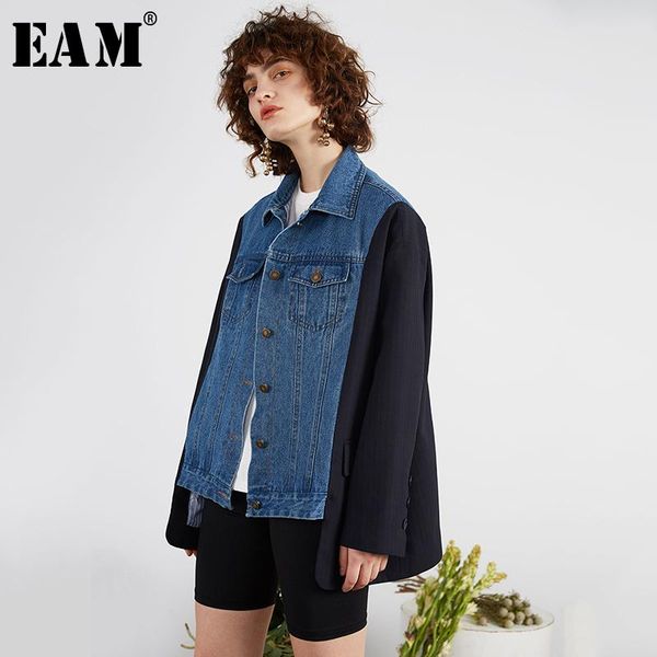 

eam] loose fit black striped denim split joint big size jacket new lapel long sleeve women coat fashion tide spring 2020 1r556, Black;brown