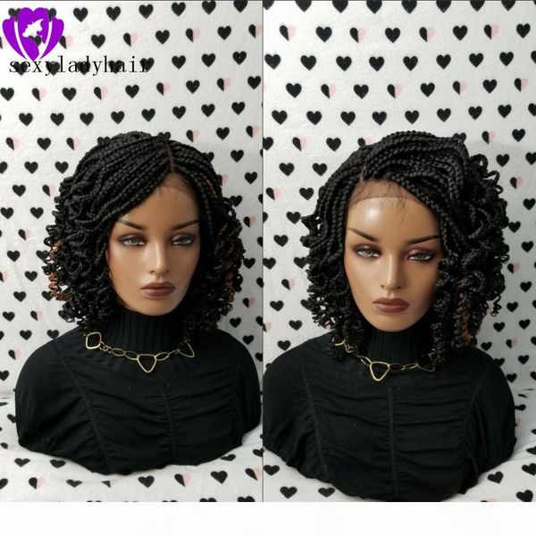 

1b black micro braiding with curly tips synthetic lace front wigs black short braided wig heat resistantr hair for black woman