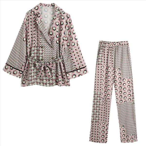 

2021 new autumn women 2 pieces set printed full sleeve shirt blouse long pants suit female casual woman clothes, Gray