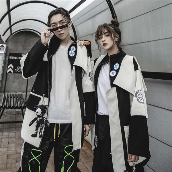 

new function high-neck fake two-piece bear leather jacket ins popluar men couple hip-hop style color-blocking street style jacket size m, Black