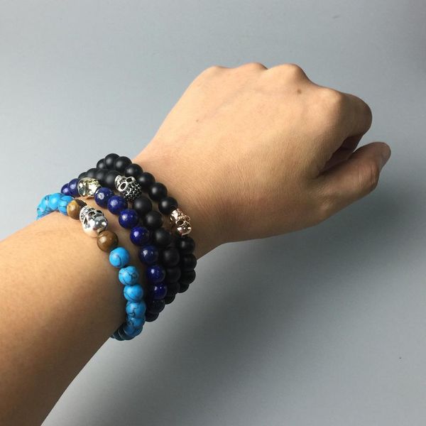 

strand bracelets with skull and 8mm lapis lazuli bea2018 new blackened silver fashion jewelry punk gift for men boy women girls wmtgzj, Bronze;silver