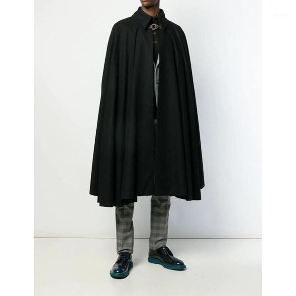 

men's wool & blends autumn and winter fashion men loose cardigan cape coat bat shirt long with a wide-collared woolen trench coat1, Black