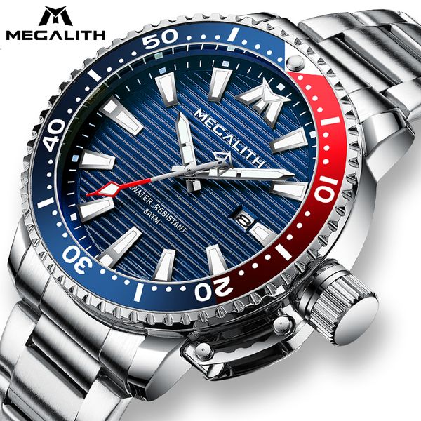 

reloj hombre 2020 megalith sport luminous waterproof quartz watches mens full steel military diving calendar watch men with box